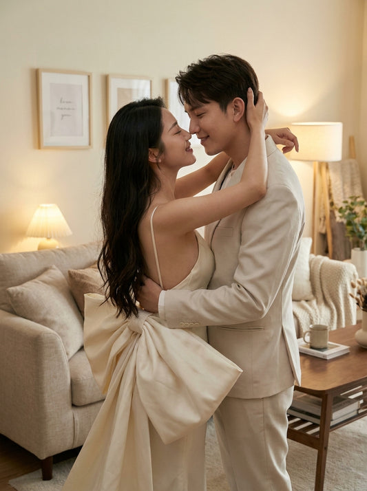 A couple embracing in a warmly lit living room. The woman wears a cream satin gown with a large bow at the back, and the man wears a light beige suit.