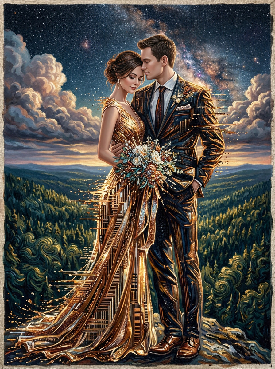 Couple in formal attire standing in a scenic landscape with a starry sky.