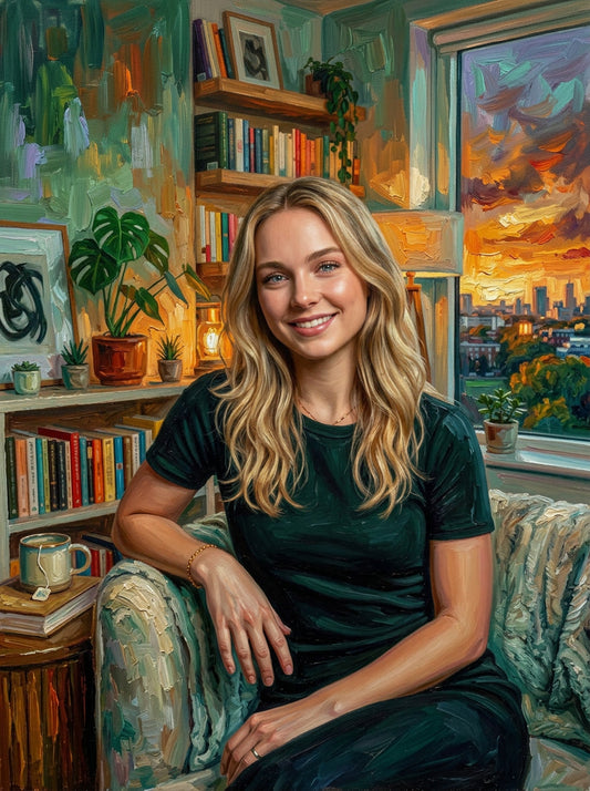 Woman sitting in a cozy room with bookshelves and a window view