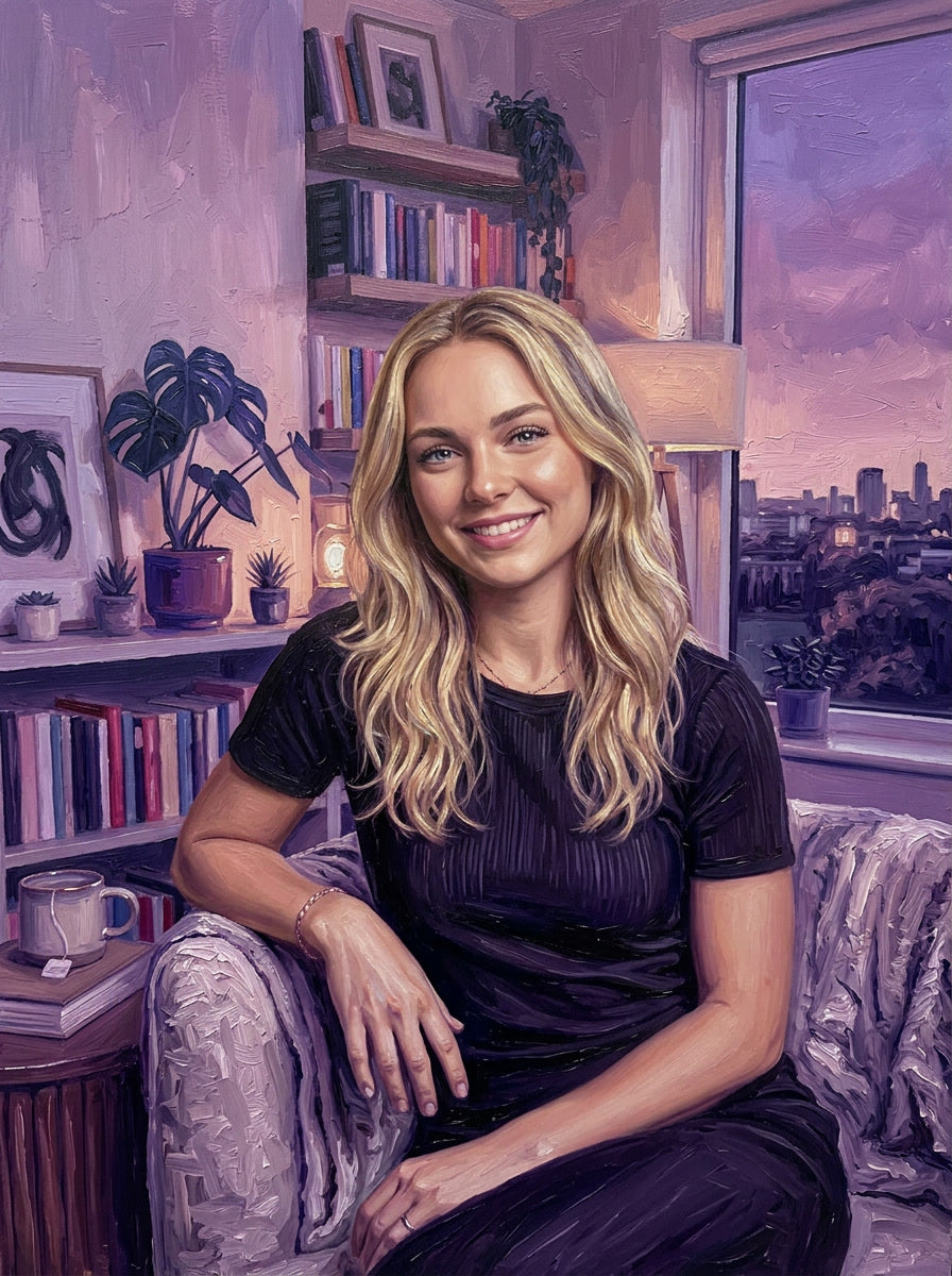 Woman sitting on a chair in a room with bookshelves and a city view.