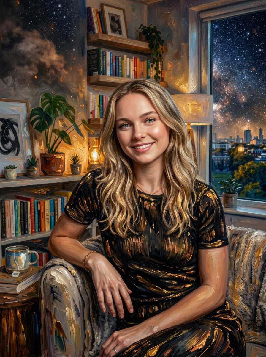 Woman sitting in a cozy room with bookshelves and a cityscape view.