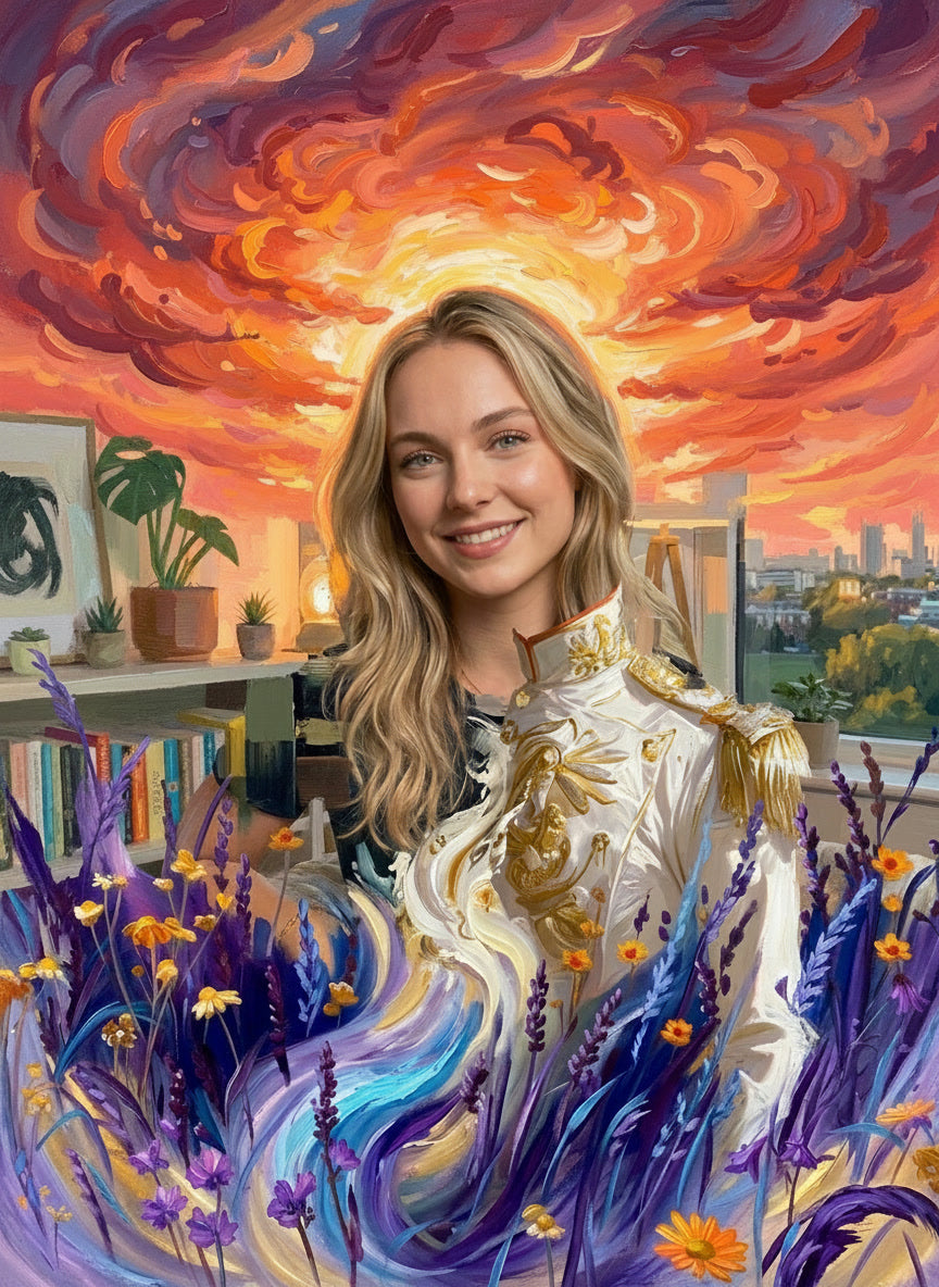Woman in a white dress with gold accents sitting on a balcony with a colorful, abstract sky.