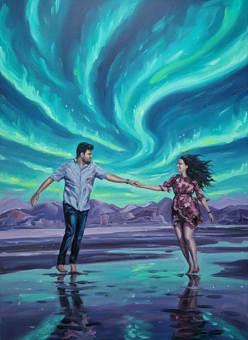 Couple holding hands under a vibrant Northern Lights sky over water.