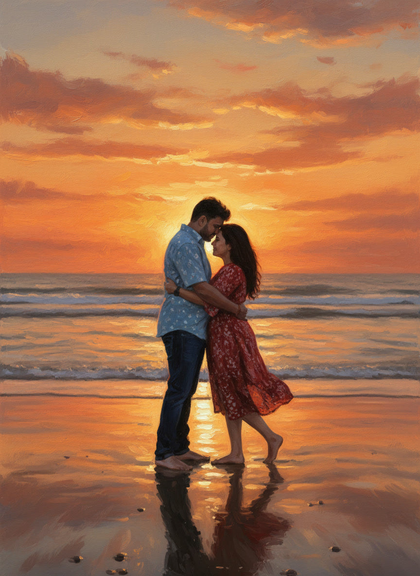 Couple embracing on a beach at sunset