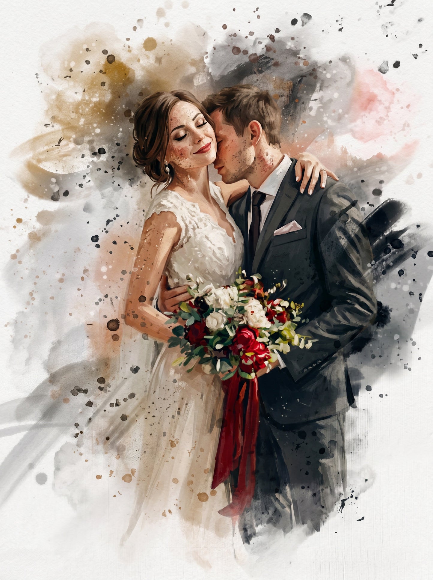 Artistic depiction of a couple in wedding attire with a bouquet against a watercolor background