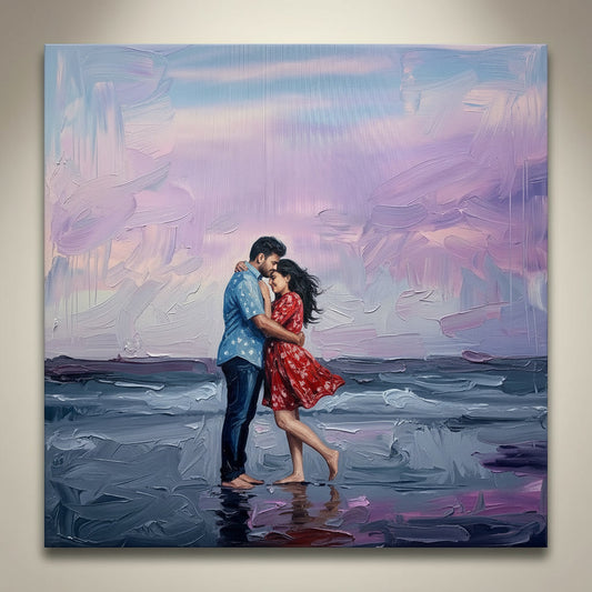 Painting of a couple embracing on a beach with abstract background