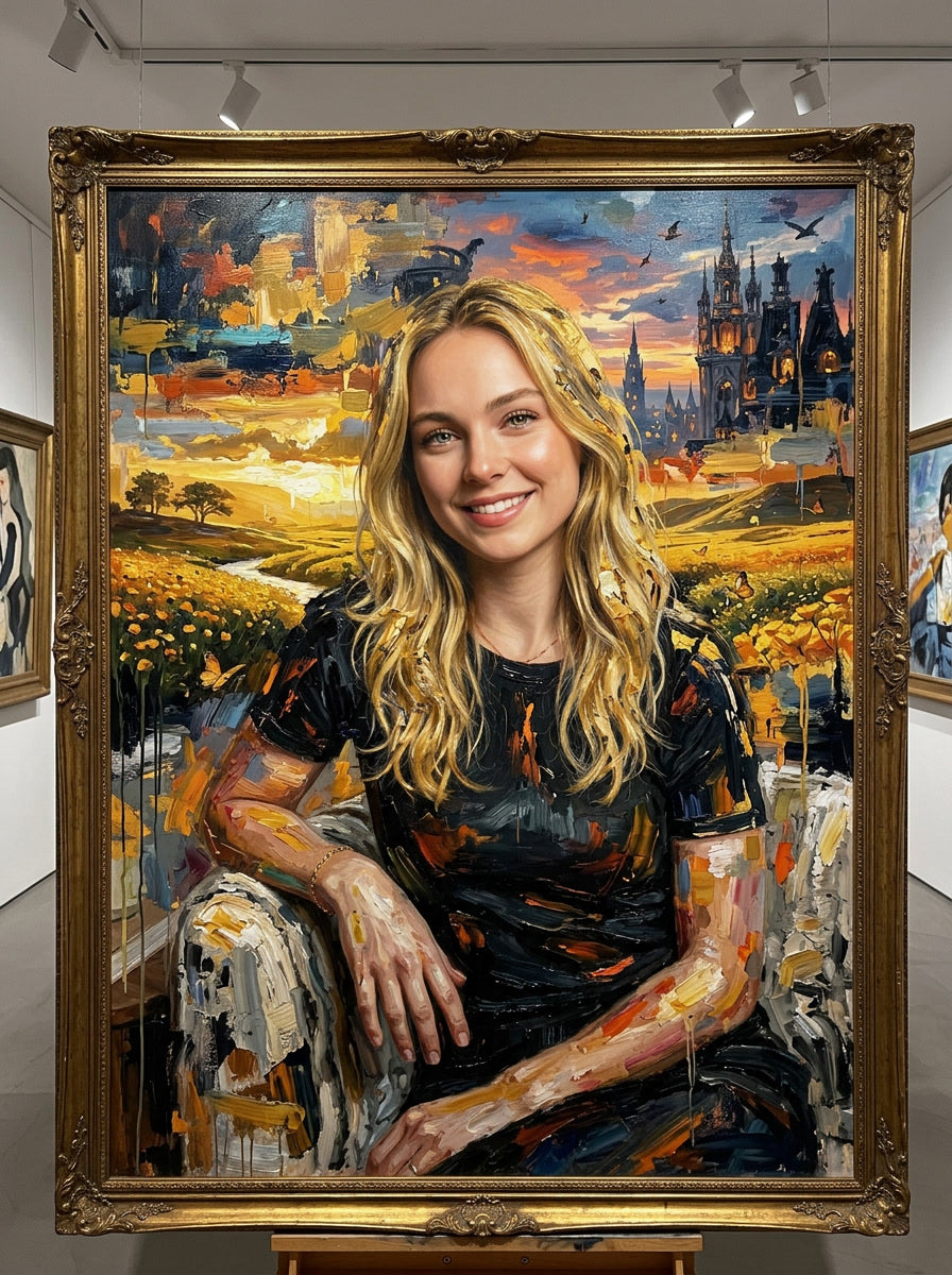 Woman with tattoos sitting in a painting-style frame with a cityscape background