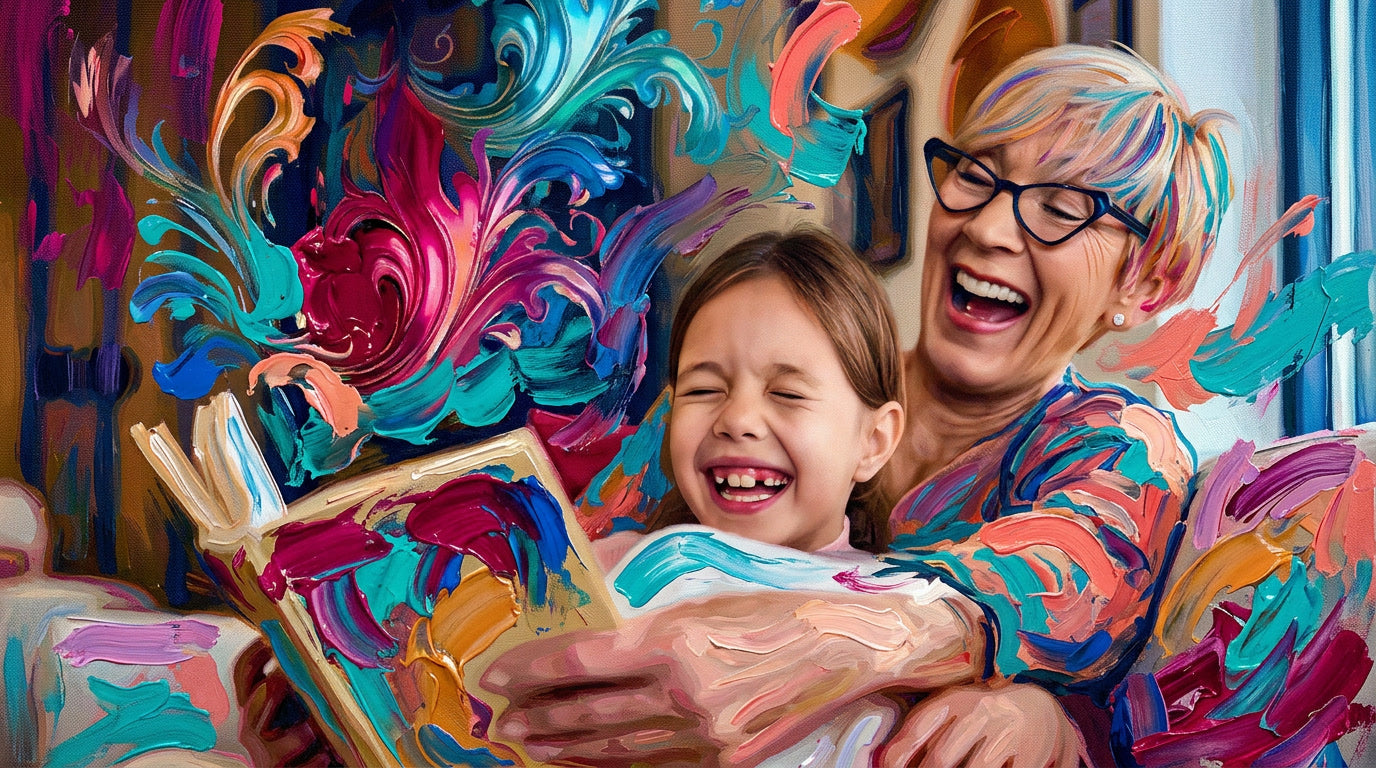 Woman and child laughing together with a colorful, abstract design overlay.
