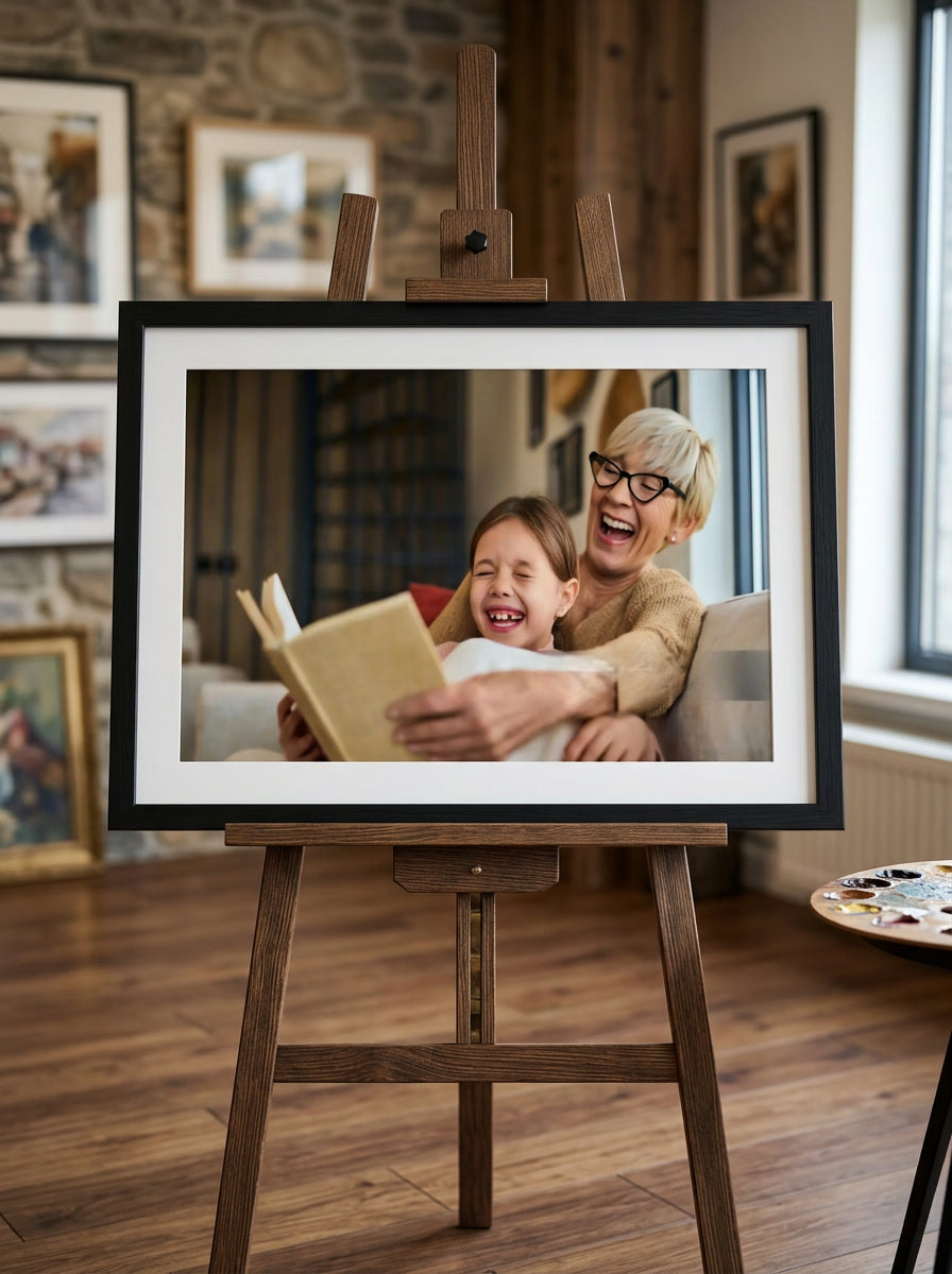 Framed photo of a woman and child reading together on an easel in a room with pictures on the wall.