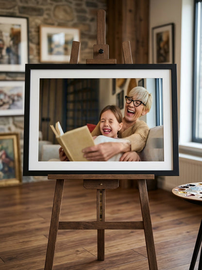Framed photo of a woman and child reading together on an easel in a room with pictures on the wall.