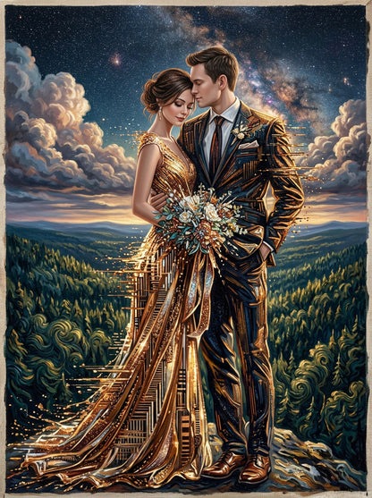Couple in formal attire standing in a scenic landscape with a starry sky.