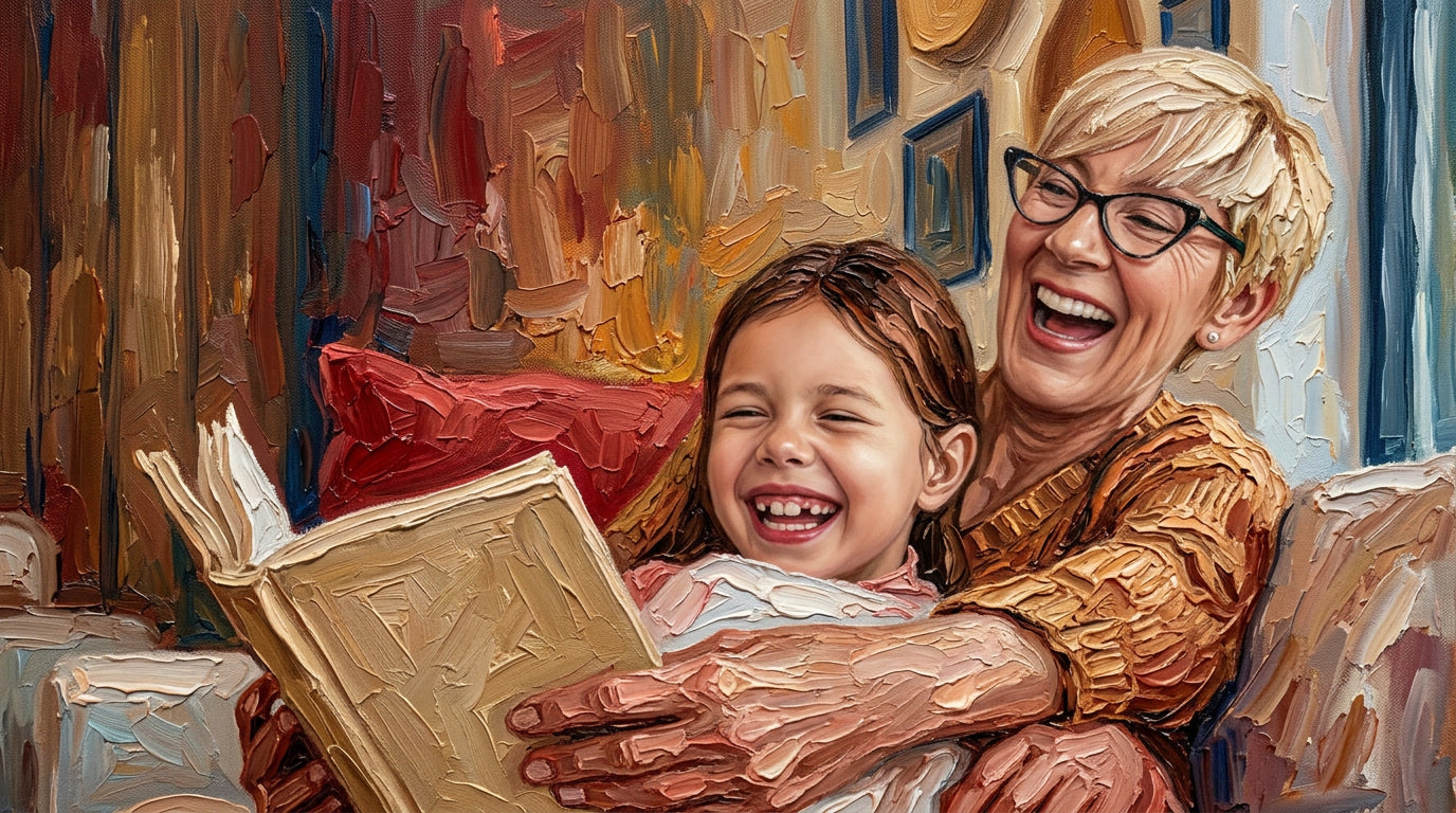 Woman and child laughing together while reading a book, with a colorful, abstract background.